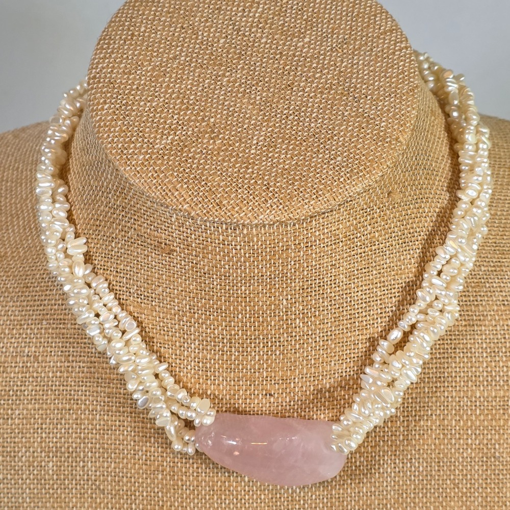 Rose Quartz Pearl Necklace Pink Gemstone Statement‎ Coquette Bridal